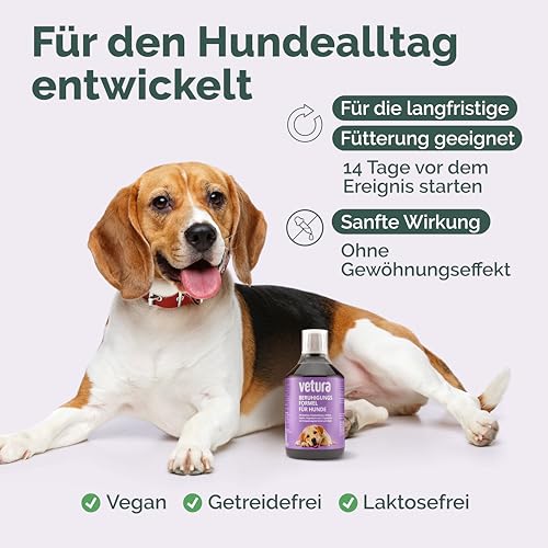 Vetura Beruhigungs-Formel für Hunde | 500 ml | Ergänzungsfuttermittel mit Baldrian, Kräutern & Magnesium | Zur Unterstützung in stressbedingten Phasen | Ohne künstliche Zusatzstoffe | Made in Germany