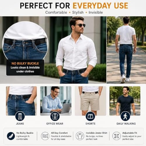 Image of Buckle Less Belt for Men, 2 Pcs Adjustable Elastic Belt Without Buckle with Metal Hook, Comfortable Stretch Waist Belt for Jeans, Trousers & Casual Wear, Suitable for Seniors, Office
