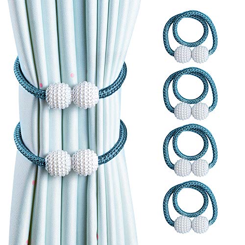 OTHWAY Lot de 4 Embrasses de Rideaux Magnétiques Embrasses de Fenêtre à Billes Faux Perles Boucle de Rideau Pince pour Décoration de Bureau Maison (Bleu, 4 pièces) Cover