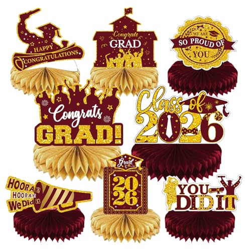 Image of 2026 Graduation Party Decorations - 8 Pcs Maroon Gold Class of 2026 Graduation Party Table Decor Honeycomb Centerpieces for Tables Congratulate for 2026 Congrats Grad Party Supplies