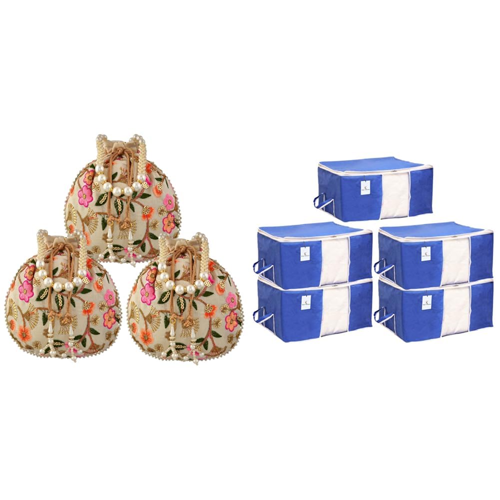 kuber industries Women's Potli | Silk Wedding Potli | Christmas Gift Potli | Baby Shower Potli | + Underbed Storage Bag, Storage Organiser, Blanket Cover Set of 5 - Royal Blue, Extra Large-picture-22