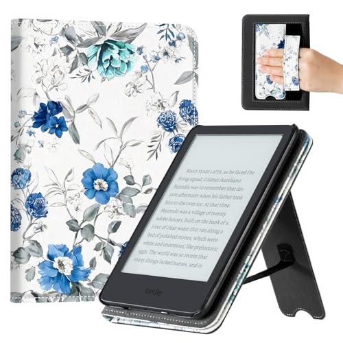 Image of CoBak Case for 6 inch E-Reader - PU Leather Smart Cover with Auto Sleep /Wake & Hand Strap, not Compatible with Kobo Clara,Blue Blossom