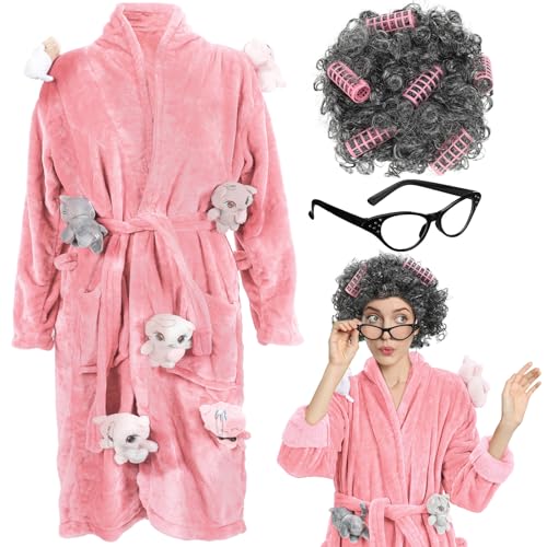Xtinmee 3 Pcs Halloween Cat Lady Adult Costume Robe and Wig Eye Rhinestone Glasses for Lady Women Lovers Cosplay(Pink)
