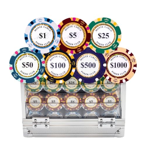 MRC POKER Monte Carlo Poker Club 14 Gram Clay Poker Chip Set, 600 Pieces with Clear Acrylic Case, 6 Removable Trays for Texas Hold'em, Cash Games & Tournaments