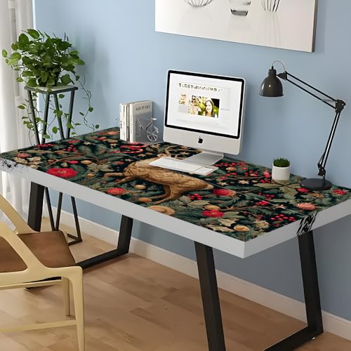 Image of Christmas Deer Forest Desktop Sticker 39.37x23.62In, Vintage Embroidery Style Desk Decal, Easy Clean Table Surface Sticker, Elegant Holiday Decor