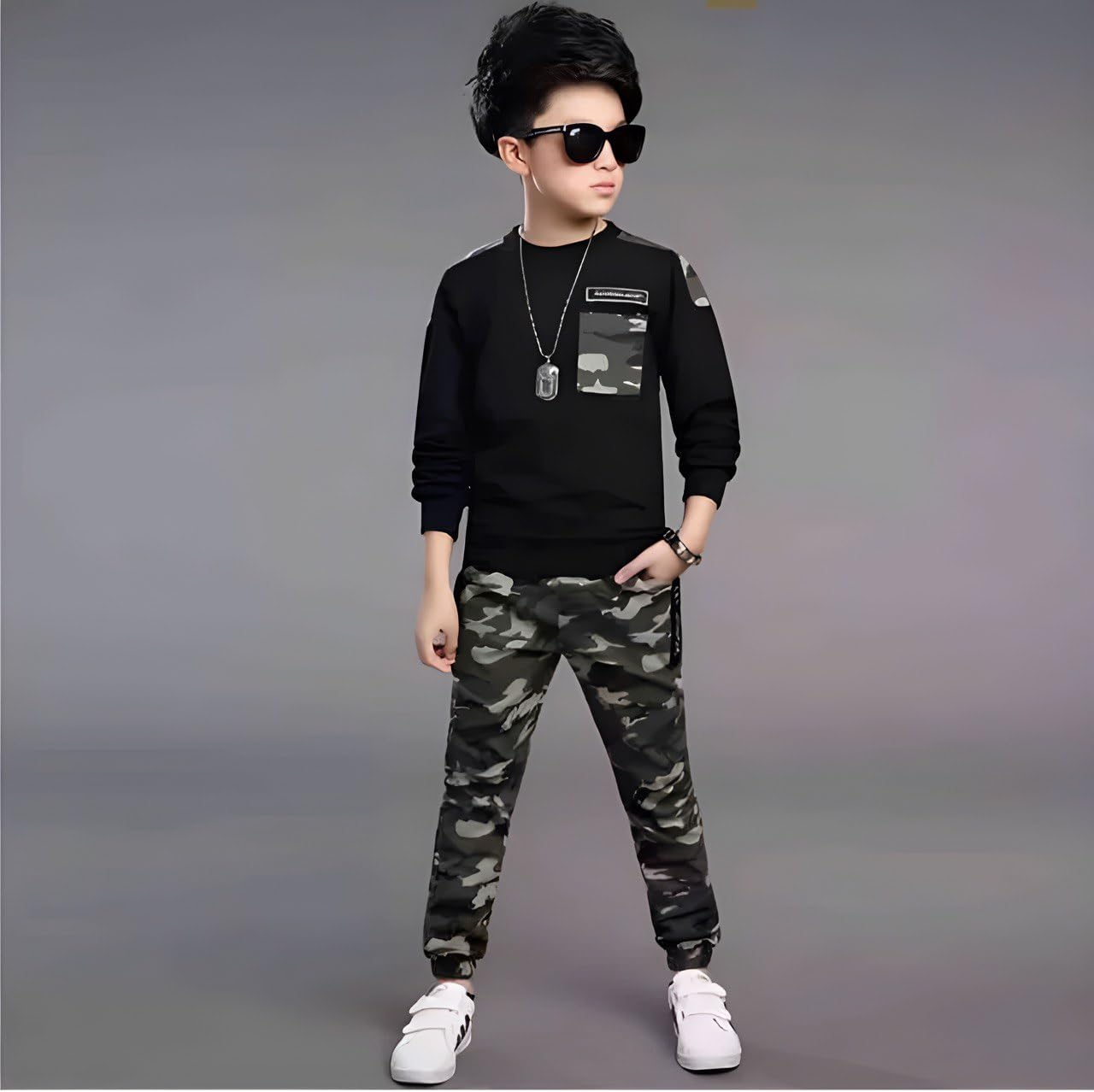 Dsnsenterprize DSNS Boy's Solid Cotton Blend Full Sleeves Round Neck Commando Style Comfortable Casual Wear T-Shirt & Pant Set (BLACK, 10-11-YEAR) 2