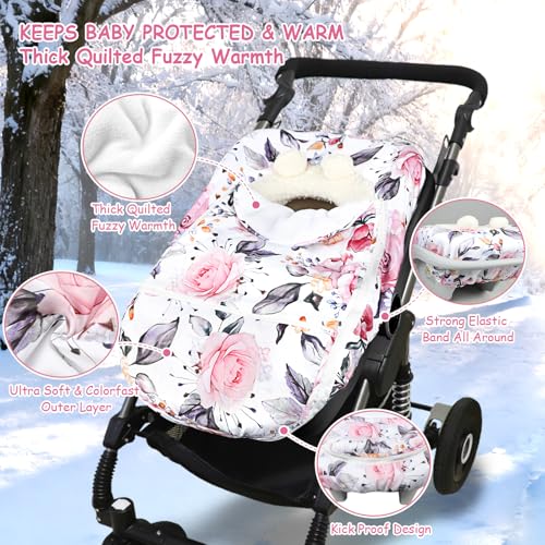 Image of Pea Pod Winter Car Seat Cover for Baby, Infant Car Seat Canopies Cover for Newborn, Warm Plush Fleece Inner Protect Baby from Cold Wind, Stylish Floral