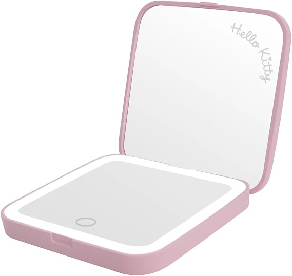 Impressions Vanity ハローキティ 弓の列 LEDコンパクトミラー アートワークデザインと2倍拡大財布ミラー、ソフトタッチセンサー付きメイクアップミラー、ポータブルデザインと明るさ調整可能ピンク