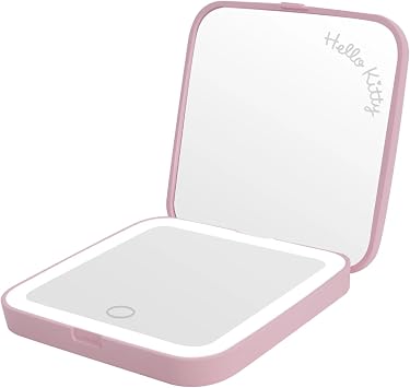Impressions Vanity ハローキティ 弓の列 LEDコンパクトミラー アートワークデザインと2倍拡大財布ミラー、ソフトタッチセンサー付きメイクアップミラー、ポータブルデザインと明るさ調整可能ピンク