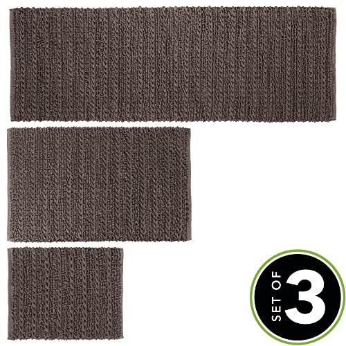 Mdesign Bathroom 3 Piece Rug Set - 100% Cotton, Water Absorbent Bath Mat Rugs For Bathroom Vanity, Master Or Guest Bathtub/Shower, Runner, Standard, Small, Braided Design - Set Of 3 - Chocolate Brown #TOP3