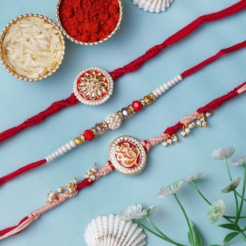 Image of eCraftIndia Multicolor Set of 3 Semi Precious Stone Designer Rakhis with Roli Chawal Pack - Rakhi for Brother