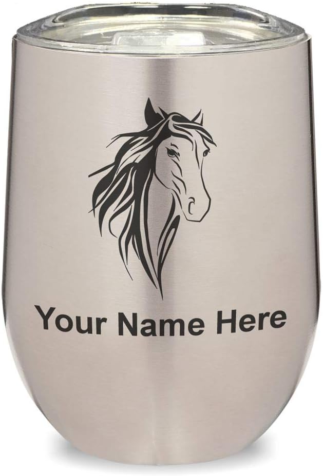 LaserGram 16oz Double Wall Stainless Steel Wine Glass Tumbler, Horse Head 3, Personalized Engraving Included (Green)