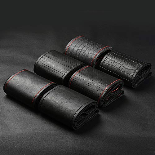 Bmlei Universal Car Steering Wheel Cover With Top Genuine Leather, Anti-Slip Design And Soft Padding, Stitching Style (Black Leather With Red Thread) #TOP6