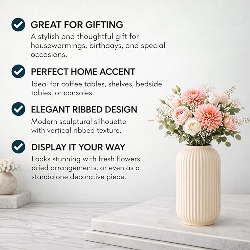 Image of Art Street Modern Ribbed Ceramic Flower Vase | Pearl White Decorative Boho Vase for Living Room, Bedroom & Office Dcor - (Flower not Included) 5x9 Inch