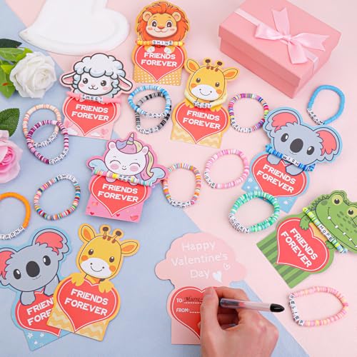 Image of CZWZ 36 Pack Valentine's Day Cards for Kids School Bulk, 18 Styles Friendship Bead Bracelets with Class Valentines Day Gifts Animal Design Valentines Cards for Kids Classroom