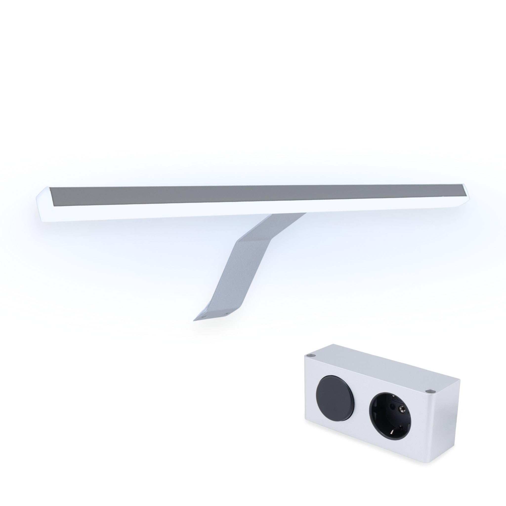 kalb | LED Aufsatz Spiegelleuchte Lancea 340mm tageslichtweiß, Set mit Schalter & Steckdose, silbergrau, 5000K, 470lm, 230VAC/12VDC, Plug & Play Beleuchtung für Spiegelschrank, Aufbauleuchte