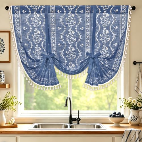Image of Yinhua Boho Tie Up Curtains for Windows Vintage Linen Valance Light Filtering Floral Valance Rod Pocket Rustic Adjustable Tassel Window Valances for Bathroom, 42 inch W X 45 inch L, Blue