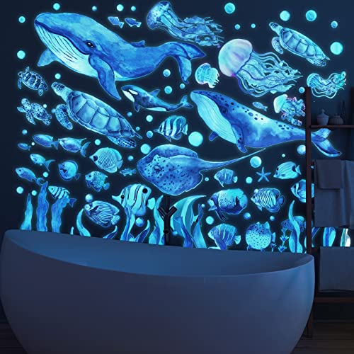 Glow In The Dark Under The Sea Wall Decals Glowing Ocean World Themed Wall Stickers Sea Turtle Seaweed Jellyfish Removable Wall Decor For Bathroom Bedroom Nursery Toddler Kids Boys Girls Room #TOP5