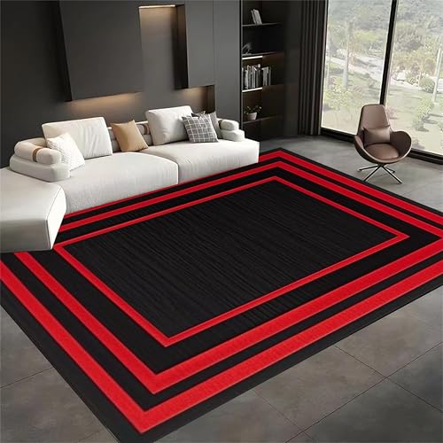 Tapete geométrico moderno 3x4 pies, negro con borde rojo miniatura 2