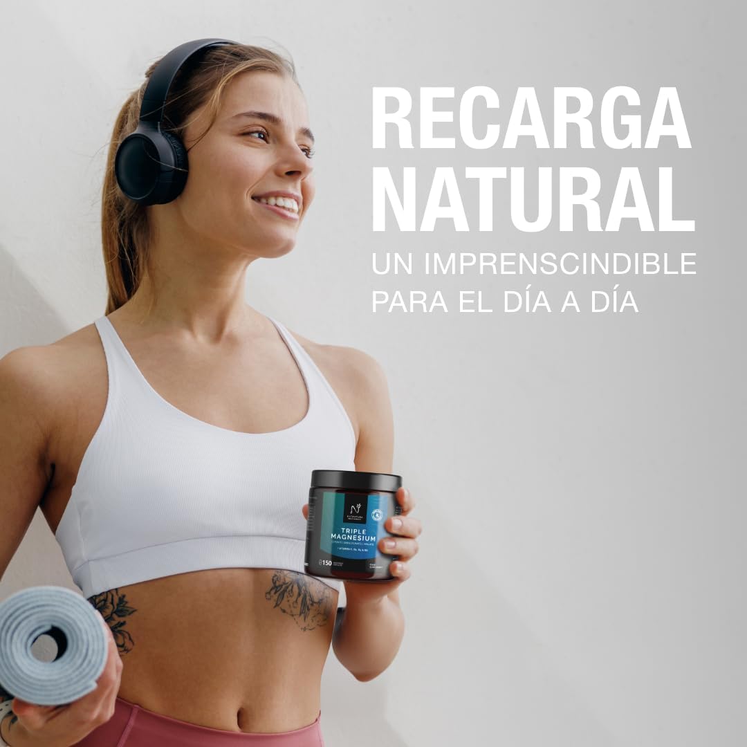 Magnesio Triple – Citrato de magnesio, Bisglicinato y Malato | 442 mg de magnesio elemental por dosis + Vitaminas B1, B5, B6 y C | Antifatiga, Calambres y Recuperación Muscular | 150 cápsulas.