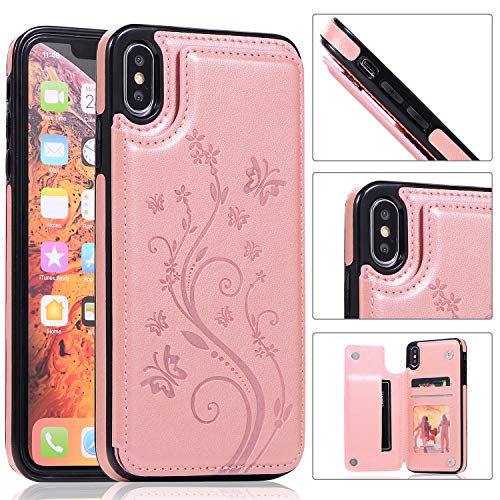 QFUN Back Wallet Case for iphone XS MAX with Stand, Elegant Embossed Design [Butterfly Flower] Lightweight Slim Fit Leather Phone Case with Card Holder Protective Bumper Flip Cover - Rose Gold