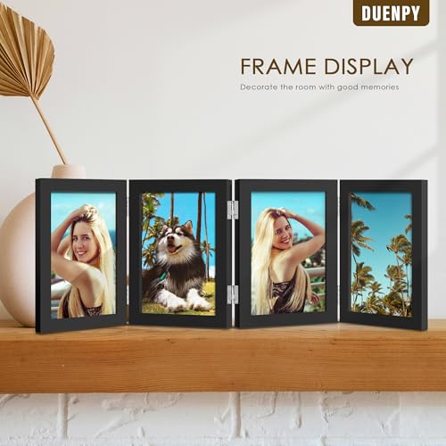 Image of DUENPY 4 Folding 5x7 Accordion Wood Frame Plexiglass Black | Constructed With Engineered Wood And Plexiglass, Elegant Ornament For Desktop Photo Display