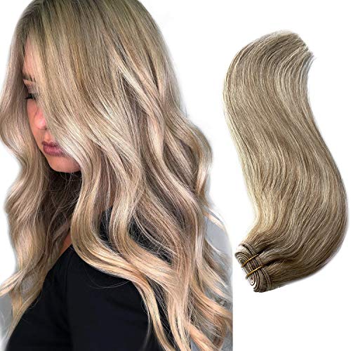 Ubetta Sew in Weft Human Hair Extensions Ash Blonde to Platinum Blonde Highlights Brazilian Hair Bundles 120Gram Remy Human Hair Weft Extensions 22 Inch Double Weft Hair Weave for Women