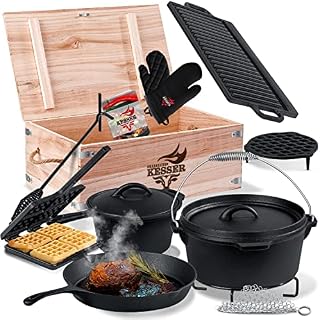 KESSER® Dutch Oven zestaw 12-częściowy w drewnianej skrzynce z wieloma akcesoriami w zestawie gofrownica żeliwna  już wypalona z garnkiem, płytą grillową, patelnią, łyżką pokrywką, z i