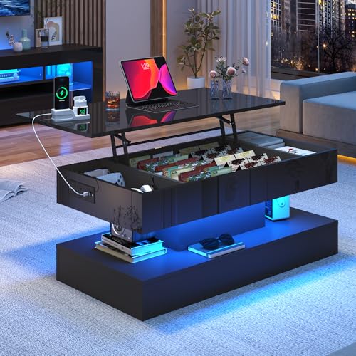 Image of 39.4 inch Large Lift Top Coffee Table,Modern High Glossy LED Coffee Tables for Living Room with Storage,Black Living Room Tables for Living Rooms,Dining Room,Bedroom Home Office,APP LED Lights（Black）