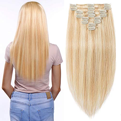 16 inch 90g Clip in Remy Human Hair Extensions Full Head 8 Pieces Set Long length Straight Very Soft Style Real Silky for Beauty #18/613 Ash Blonde/Bleach Blonde