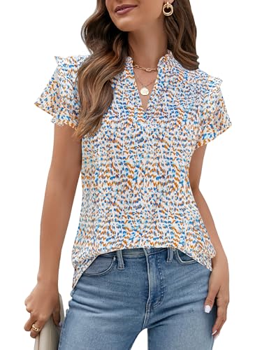 Blooming Jelly Womens Dressy Casual Tops Ruffle Short Sleeve V