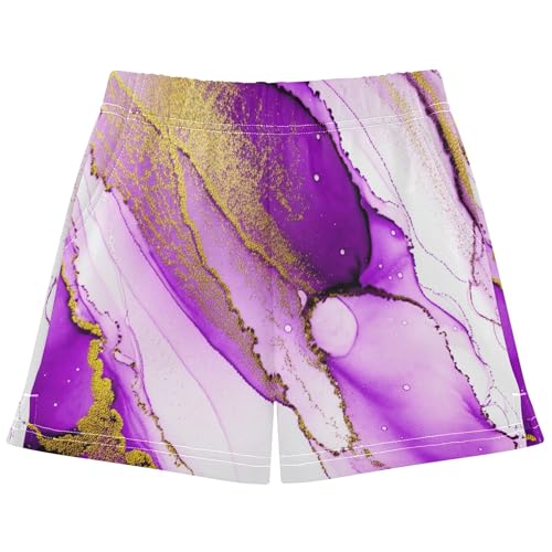Girls Athletic Shorts Abstract Purple Gold Marble Comfy Summer Casual Shorts with Pockets Personalized, X-Small