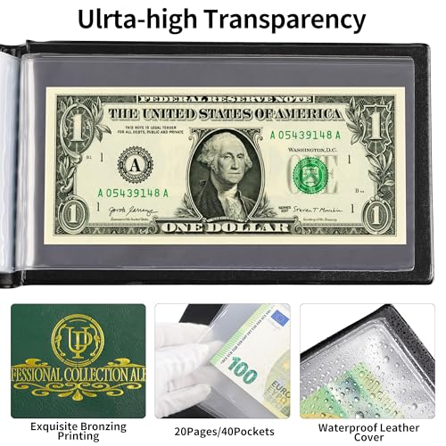 40-Taschen-Sammelalbum für Banknoten und Währungen – 20 Blatt transparente Dollarscheinhalter, Buch zur weltweiten Geldaufbewahrung, Sammelzubehör AN04GR