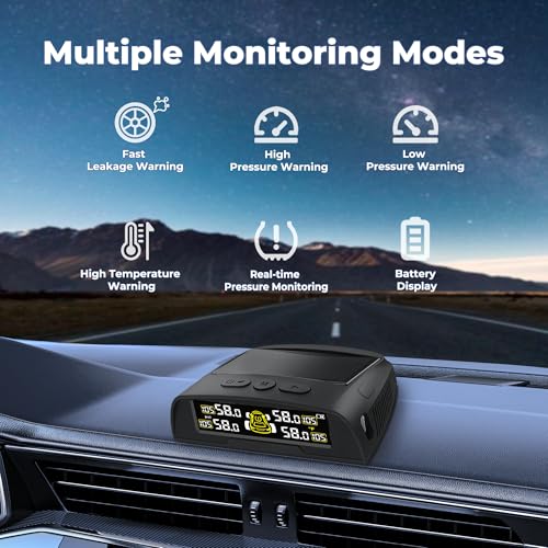 Tire Pressure Monitoring System - TPMS with Solar and USB Charger, 4 Tire Sensors and 6 Alarm Modes, Auto on/Off and Voice Prompt, TPMS with Color LCD Screen, for RV, Sedan, SUV, MPV, etc - Image 3