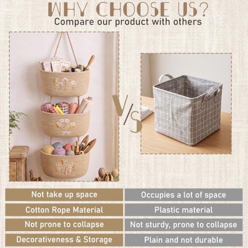 Novabright 3 Tier Hanging Wall Basket for Organizing Boho Embroidery Woven Over the Door Hanging Baskets with Hooks Rustic Wall Mounted Storage Organizer Closet for Nursery Bedroom Bathroom Kitchen - Image 3