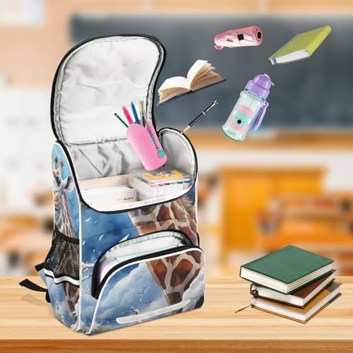 Mochila escolar de jirafa azul con tiras reflectantes para evitar peso excesivo 6