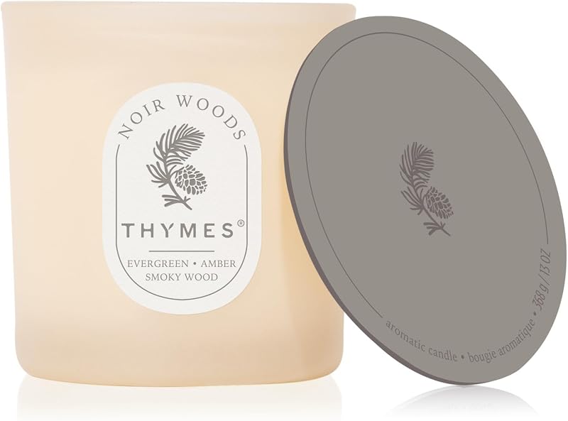 Thymes Noir Woods Scented Candles for Home Decor – Notes of Fresh Evergreen, Smoky Wood & Golden Amber – Luxury Home Fragrance Gifts for Women & Men – (2 Wick Medium Candle, 13oz)