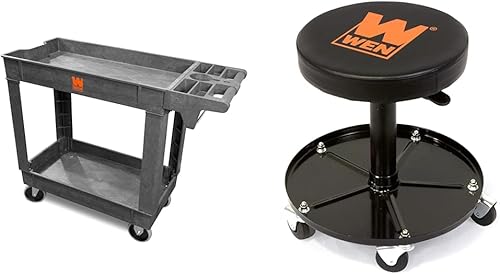WEN 73009 Carrito utilitario de servicio de dos estantes de capacidad de 500 libras de 40 por 17 pulgadas y taburete mecánico neumático con ruedas