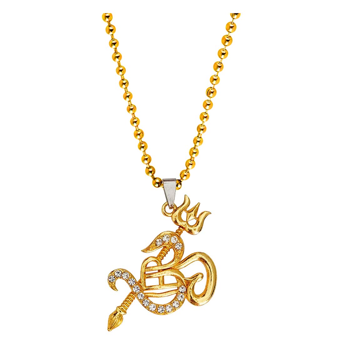 SulleryReligious Om Trishul Shivlinga Locket Gold Brass, Cubic Zirconium Crystal Pendant Necklace Chain for Men and Women