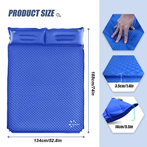 YOUKADA Sleeping-Pad Foam Self-Inflating Camping-Mat for Backpacking Sleeping Pad Double Sleeping Mat Camping Pad 2 Person Camping Mattress with Pillow for Hiking Camping Gear(Blue, Large)