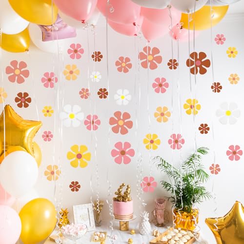 Image of Henoyso 60 Pcs Groovy Party Decorations Retro Flower Cutouts Daisy Decor 60s 70s 80s Hippie Paper Cutouts for Birthday Party DIY Wall Office Home(Groovy Color,Assorted Sizes) (Pack of 3)