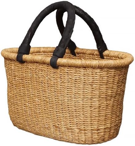 アフリカ ブルキナファソ 楕円型 バスケット Mサイズ No.8 ブラック レザーハンドル アフリカンバスケット かごバッグ