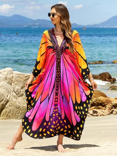 Image of IMAGEKOPE Women's Plus Size Animal Print V-Neck Batwing Kaftan Beach Dress Bathing Suit Cover-Up Loungewear