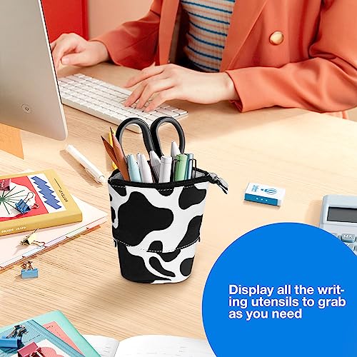 Image of Cute Standing Pencil Case for Kids, Pop Up Pencil Box Makeup Pouch, Christmas Gift Kids Canvas Pen Holder Organizer Cosmetics Bag, Kawaii Stationary (Cow Print)