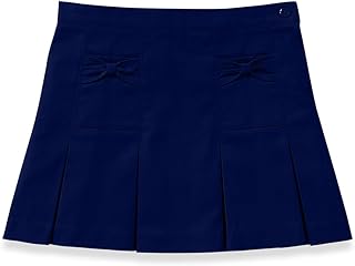 Girls Stretch Bow Pocket Scooter Skirt with Built-In Shorts, School Uniform, Adjustable Waist