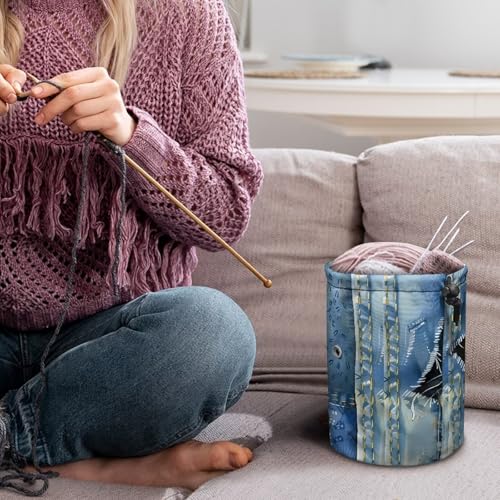 Image of Sellikakes Yarn Bag with Drawstring, Jeans Cats Knitting Crochet Yarn Storage Bags Organizer Crochet Accessories for Crocheting Project, Store Skein Ball,Short Knitting Needles