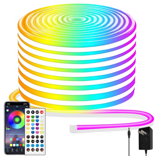 Image of 50ft LED Neon Lights with Remote and APP Control, IP65 Waterproof Flexible Neon Strip Lights 24V RGB LED Rope Lights for Bedroom,Living Room,DIY Decoration(with Snap &Screws)