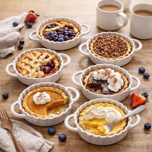 Yamteck 5in Ceramic Mini Pie Pan Set of 6 with Handles for Pie Quiche Tart. Easy to grip Lead-Free. 8 oz Ramekins Dish for Creme Brulee Souffls; Gifts for Baking Enthusiast. Oven Dishwasher Safe