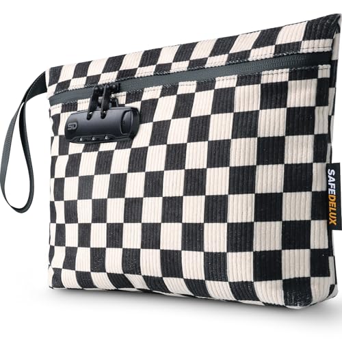 SafeDelux Smell Proof Bag, Odor Proof Bag with Combination Lock, Durable Smell Proof Container with Carbon Lining, Secure Odorless Travel Pouch for Home & On-the-Go (Black & White)