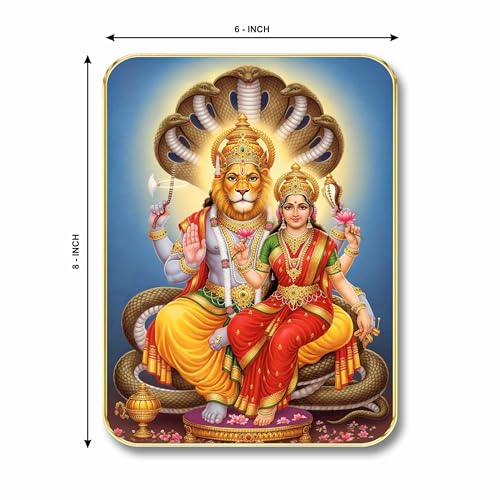 Image of SAF Lakshmi Narasimha Wall Art with Table Top Stand & Wall Hanging Hole | Premium MDF Narasimhar Lakshmi Painting for Home Mandir Office Vastu Protection Decor